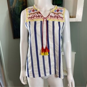 Rocks & Indigo Boho Tassels Embroidered Sleeveless Blouse Tank Top Shirt Striped